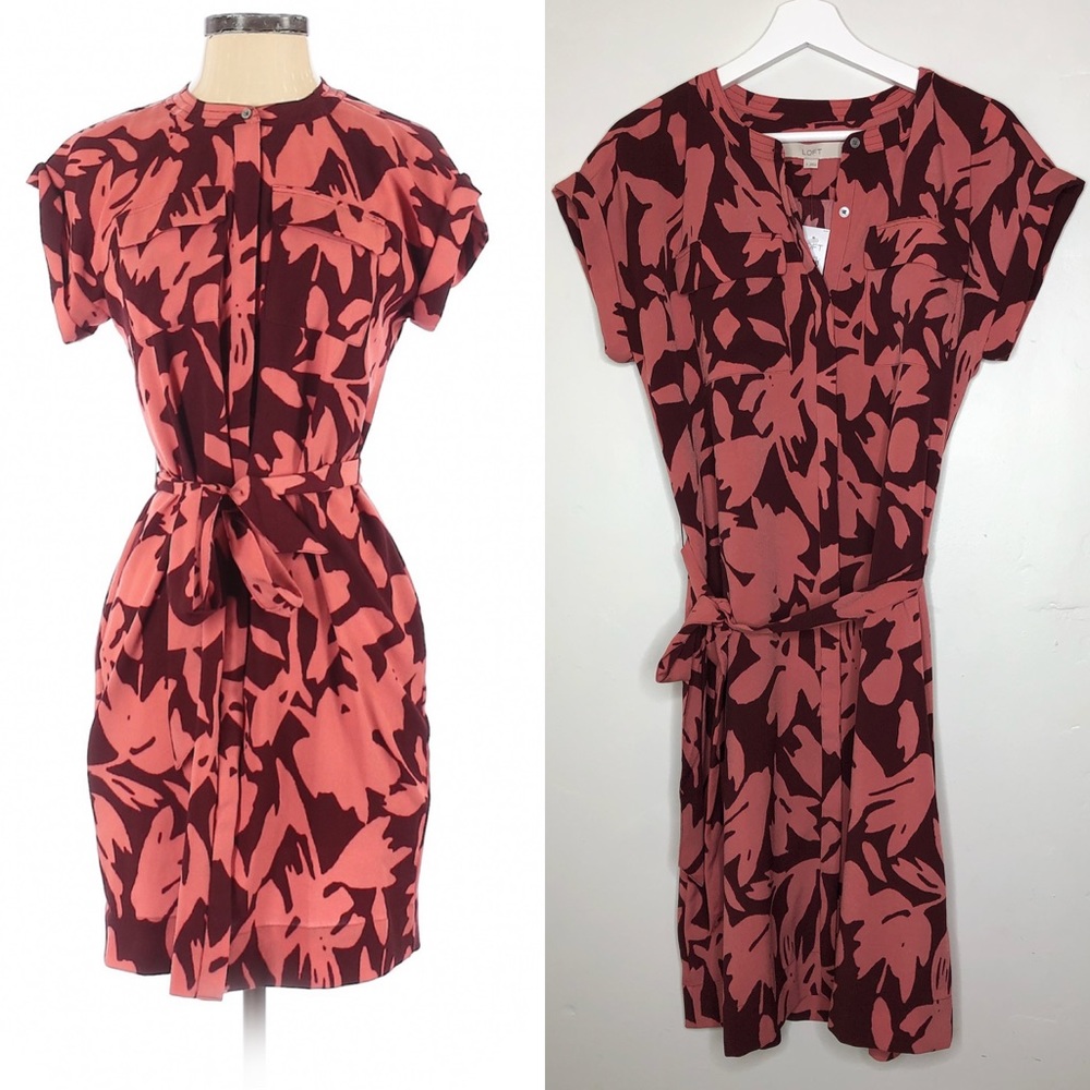 NWT LOFT floral pink burgundy shirt dress